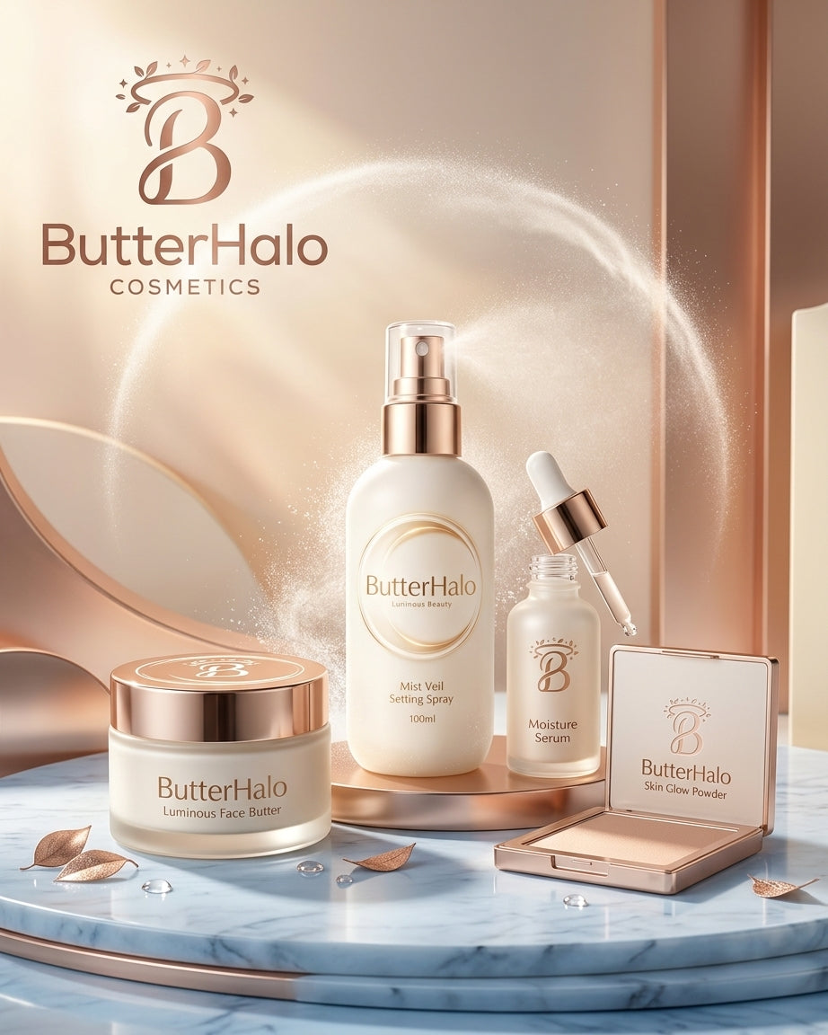 ButterHalo All-In-One Luminous Beauty Collection – Face Butter Cream, Glow Serum, Setting Spray & Skin Highlighter Powder Full Daily Routine Kit