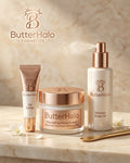 ButterHalo Nourishing Butter Trio Set – Lip Butter Tube, Shea Facial Cream & Shimmer Body Oil Complete Hydration Kit for Face, Lips & Body