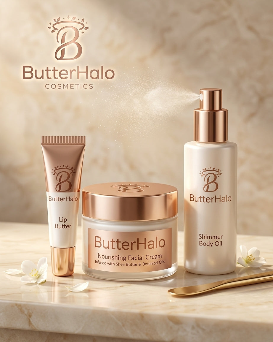 ButterHalo Nourishing Butter Trio Set – Lip Butter Tube, Shea Facial Cream & Shimmer Body Oil Complete Hydration Kit for Face, Lips & Body